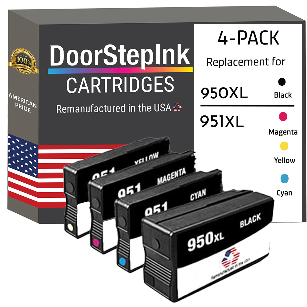 DoorStepInk Brand for HP 950XL 1 Black / 951XL 3 Color 4-pack Remanufactured in the USA Ink Cartridges